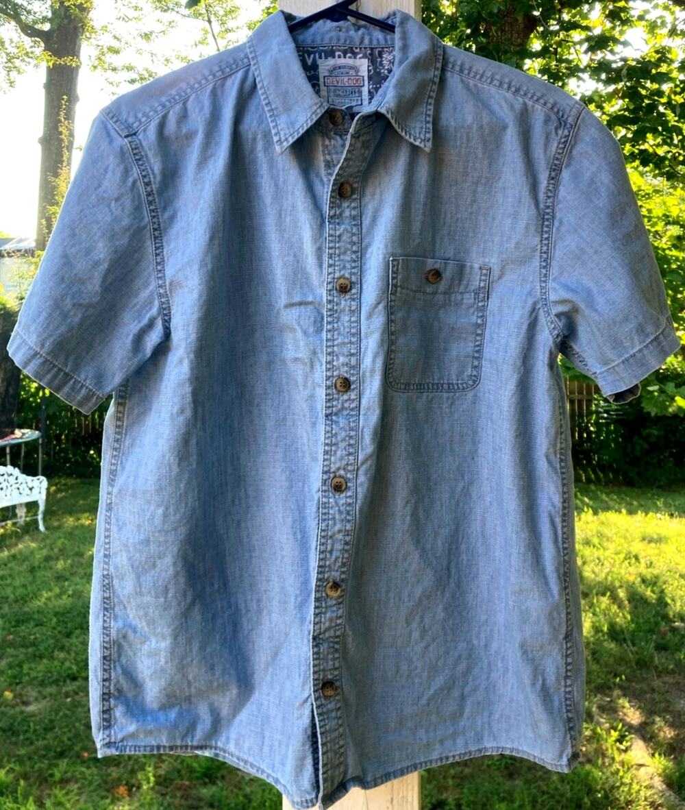 Devil Dog Dungarees - Short Sleeve Men's Denim Chambray Button Down -M